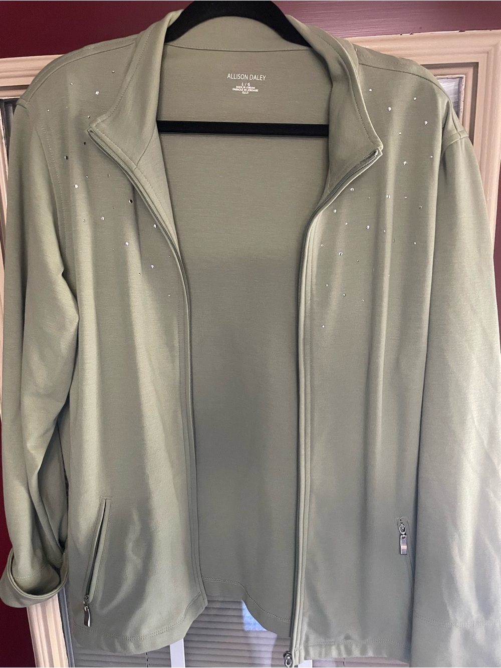 Allison Daley Sage Green Zip-Front Utility Jacket with Subtle Rhinestones